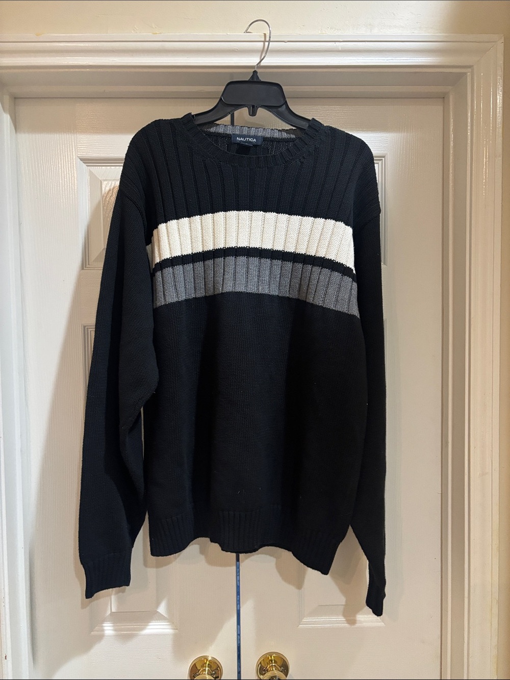 Nautica Black Crewneck Sweater with Gray and White Stripes